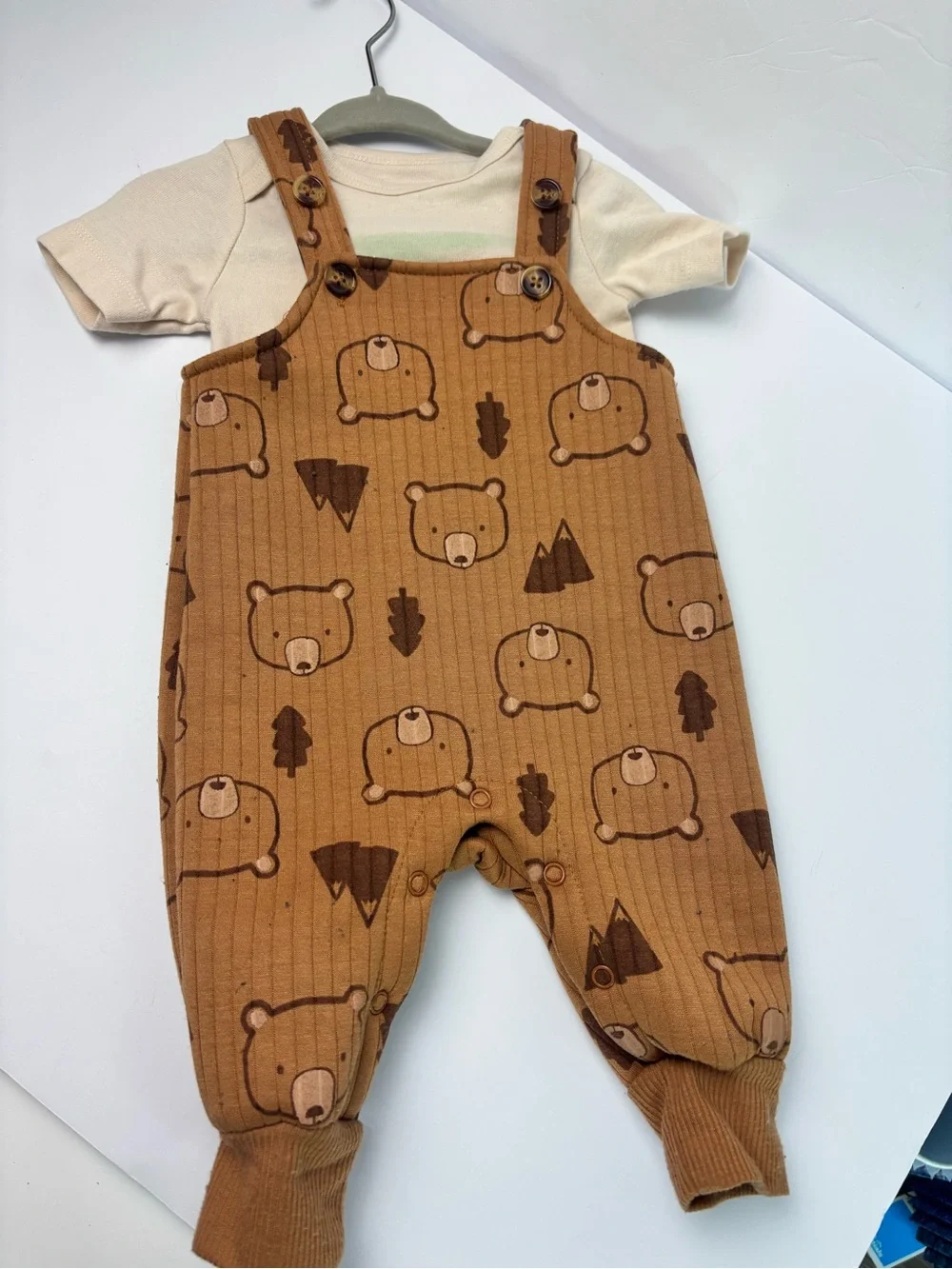 Brown Bear Print Ribbed Overalls Matching Set with Cream Dino Tee